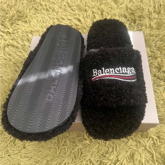 Black Balenciaga Fur Slides